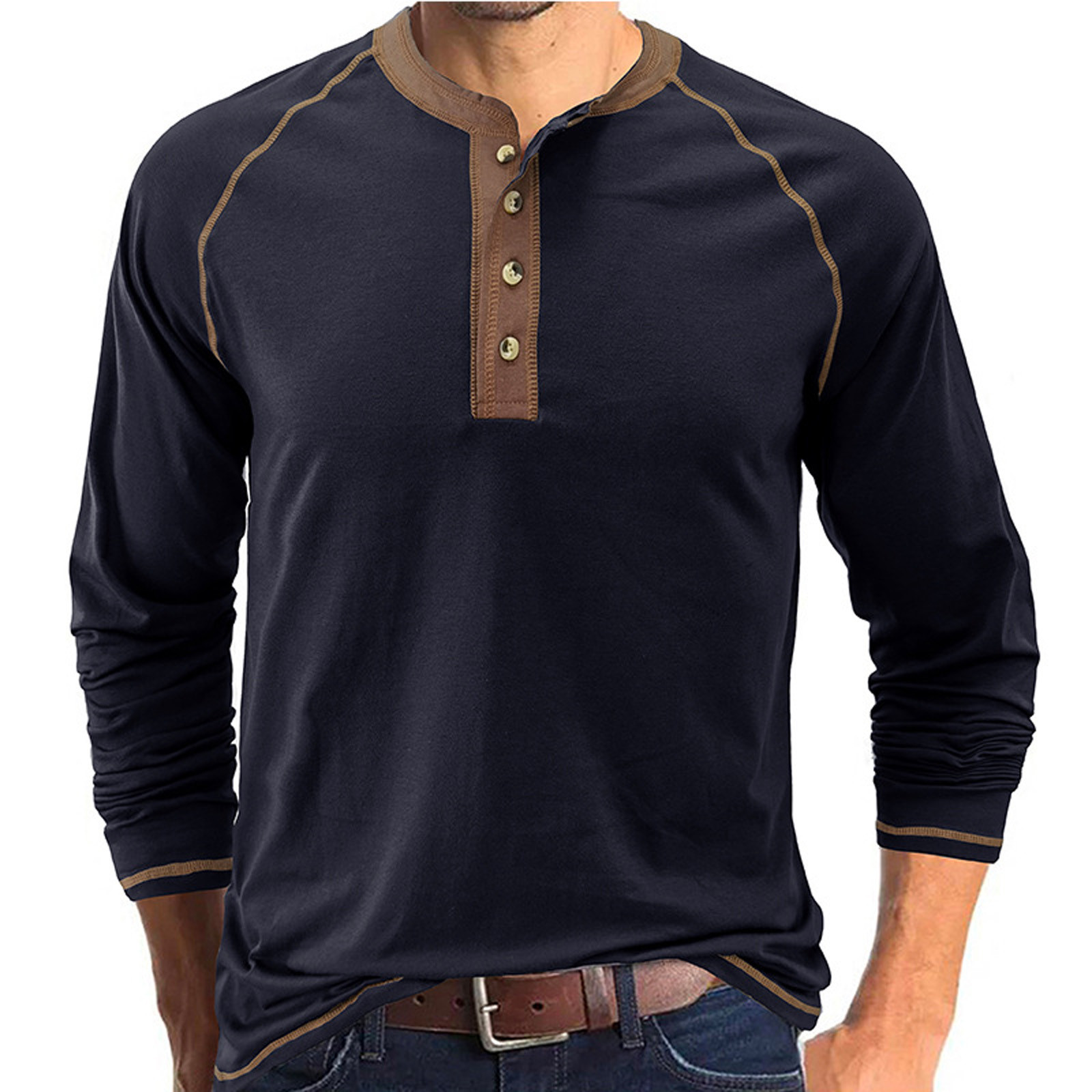 XFLWAM Men's Henley Shirts Raglan Long Sleeve Casual Lightweight Regular Fit Button Cotton Basic T-Shirt Blue S